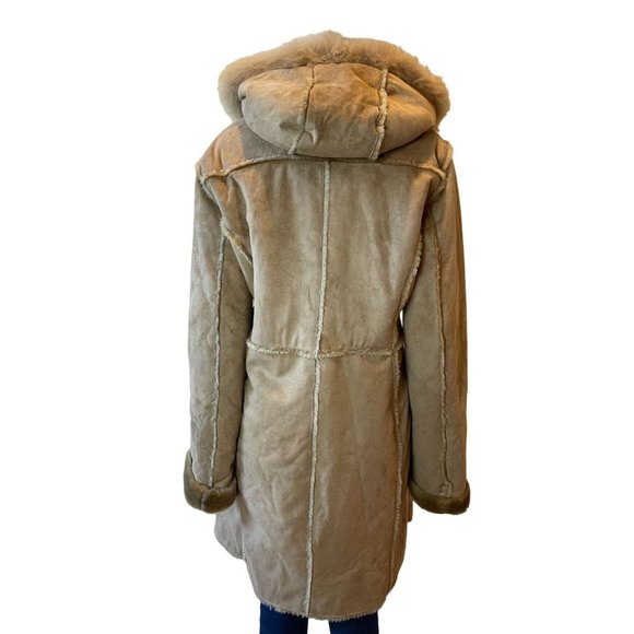 Ruff Hewn Womens Vintage 1980Faux Fur Long Coat Suede Hooded Outerwear Tan Large - Picture 2 of 9